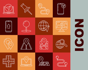 Poster - set line route location, magnifying glass with globe, monitor and folded map, push pin, infographic 