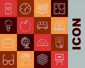 Poster - Set line Chalkboard, Certificate template, Graduation cap on screen laptop, Open book, Apple, Light bulb with concept of idea, smartphone and School Bus icon. Vector