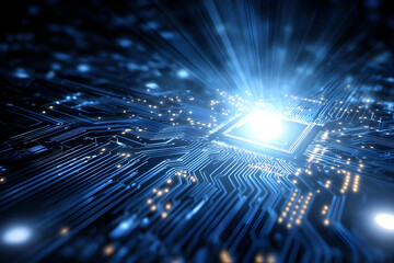 Leinwandbilder - A glowing microchip on a circuit board emits blue light, highlighting intricate electronic pathways and futuristic technology.