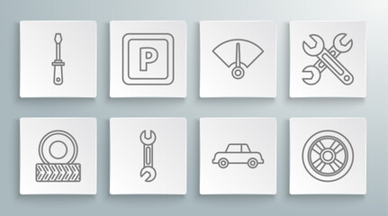 Poster - Set line Car wheel, Parking, Wrench, Speedometer, and Screwdriver icon. Vector