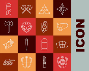 Poster - Set line Target sport, Shield, Cannon, Japanese ninja shuriken, Medieval axe, Aviation bomb and dynamite stick and timer clock icon. Vector