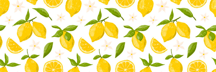 hand drawn set of colored crayon of lemons on a branch. leaves and flowers of citrus fruits. vector 