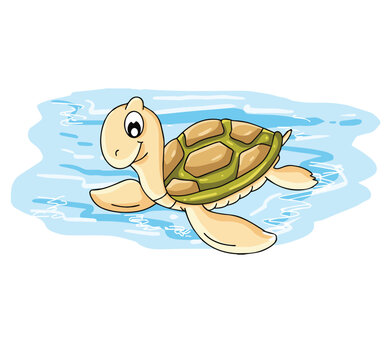 Cute cartoon hand drawn vector tortoise swimming in water clipart.