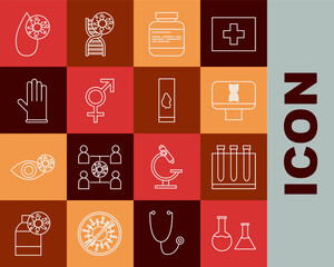 Poster - Set line Test tube and flask, Blood test virus, DNA spiral computer, Medicine bottle pills, Gender, Medical rubber gloves, and icon. Vector