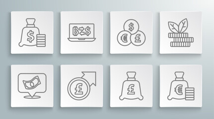 Poster - Set line Stacks paper money cash, Cryptocurrency exchange, Financial growth and pound, Coin with, euro symbol, Currency, Dollar plant and Money bag icon. Vector