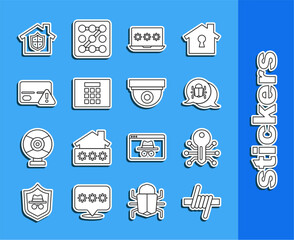 Poster - Set line Barbed wire, Smart key, System bug, Laptop with password, Password protection, Credit card, House under and Security camera icon. Vector