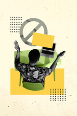 Aufkleber - Vertical art creative zine photo collage of puzzled businessman sit back restriction symbol laptop cyberattack pressure hacking
