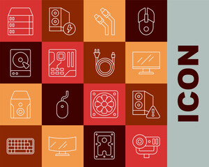 Poster - Set line Web camera, Case of computer, Computer monitor screen, LAN cable network internet, Motherboard digital chip, Hard disk drive HDD, Server, Data, Hosting and Electric plug icon. Vector