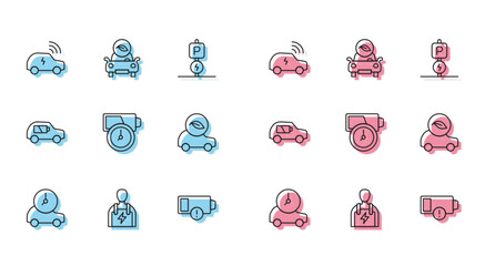Poster - Set line Electric car, Car mechanic, Smart system, Low battery, Battery charge, Eco, and icon. Vector
