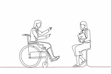 Poster - Continuous one line drawing job interview for people with disabilities. Disabled woman sitting in wheelchair, accepting hired contract with female employer. Job interviews. Single line design vector