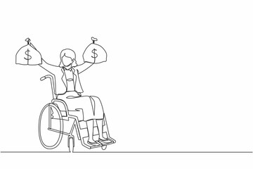 Poster - Continuous one line drawing businesswoman holding dollar money bag. Disability insurance benefit payments for disabled wheelchair woman. Protection program. Single line draw design vector illustration