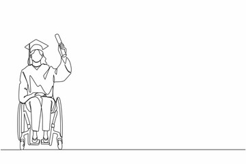 Poster - Single continuous line drawing inclusive affordable education. Graduate of disabled female student in wheelchair has learned from program of school, university. One line design vector illustration