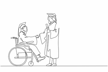 Poster - Continuous one line drawing full length of female graduate student in wheelchair shaking hand with female graduate student standing and holding diploma. Single line design vector graphic illustration