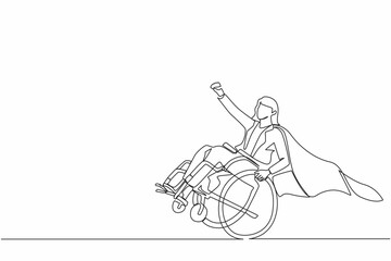 Poster - Continuous one line drawing disabled businesswoman in cloak blazer pretend to be superhero, raising hands up. Be happy and strong despite life's difficulties. Single line draw design vector graphic