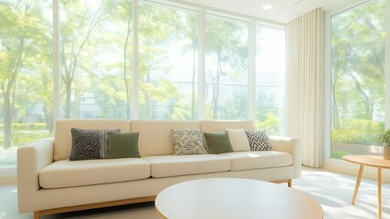 Aufkleber - 明るいリビングルーム クリーム色のソファと木製のテーブル 大きな窓からの自然光が差し込む快適でモダンな内装 デザイン
