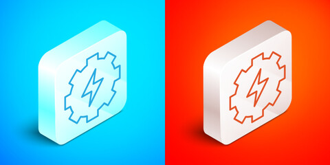 Poster - Isometric line Gear and lightning icon isolated on blue and red background. Electric power. Lightning bolt sign. Silver square button. Vector