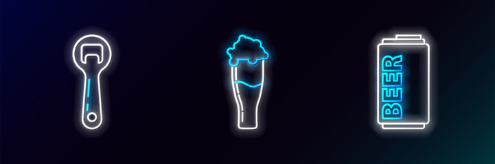 Poster - set line beer can, bottle opener and glass of beer icon. glowing neon. vector