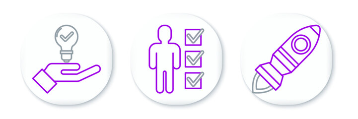 Poster - Set line Rocket ship with fire, Light bulb in hand and User of man business suit icon. Vector