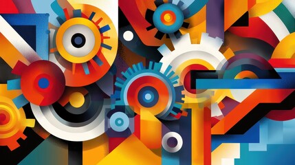 Poster - Vibrant abstract artwork featuring colorful geometric shapes, gears, and dynamic patterns in a modern, industrial style.