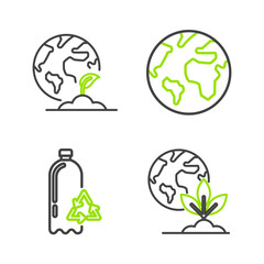 Poster - set line earth globe and plant, recycling plastic bottle, and icon. vector