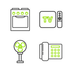 Poster - Set line Telephone, Electric fan, TV box receiver and player with remote controller and Oven icon. Vector