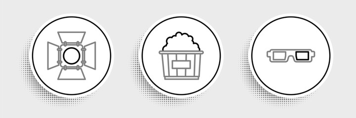 Poster - Set line 3D cinema glasses, Movie spotlight and Popcorn cardboard box icon. Vector