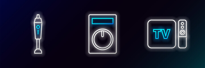 Poster - Set line TV box receiver and player with remote controller, Blender and Remote icon. Glowing neon. Vector
