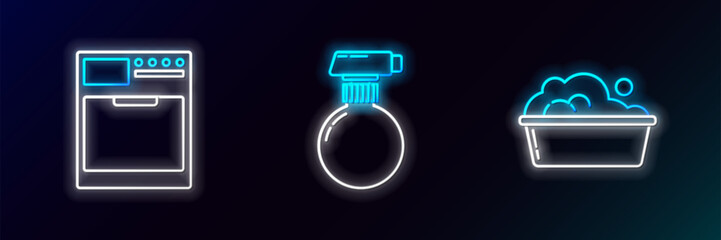 Poster - Set line Plastic basin with soap suds, Washer and icon. Glowing neon. Vector