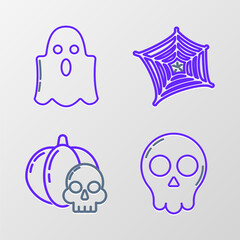 Wall Mural - Set line Skull, Pumpkin and skull, Spider web and Ghost icon. Vector