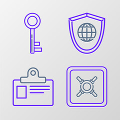 Poster - set line safe, identification badge, shield with world globe and key icon. vector
