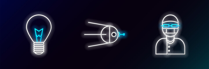 Poster - Set line Assistant, Light bulb with concept of idea and Satellite icon. Glowing neon. Vector