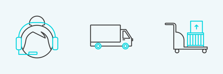 Poster - Set line Electric hand truck and boxes, Support operator in touch and Delivery cargo vehicle icon. Vector