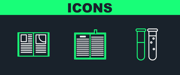 Poster - Set line Test tube and flask chemical laboratory, Open book and science icon. Vector