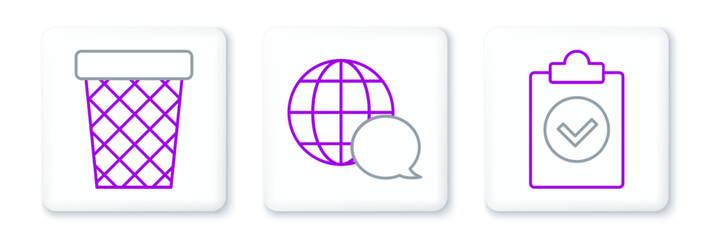 Poster - Set line Completed task, Trash can and World map made from speech bubble icon. Vector
