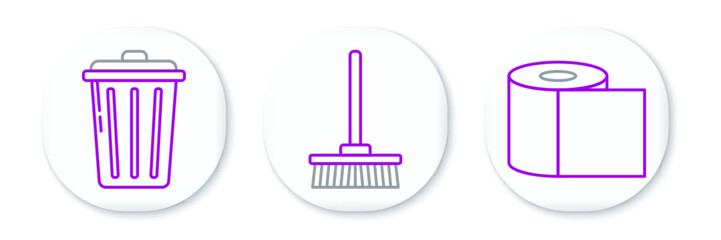 Poster - Set line Toilet paper roll, Trash can and Mop icon. Vector