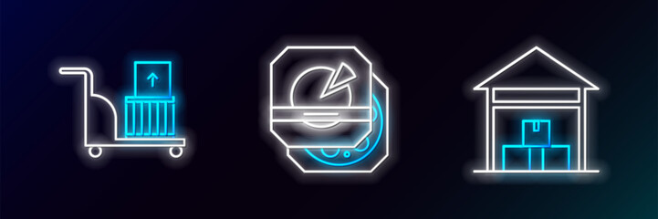 Poster - Set line Warehouse, Electric hand truck and boxes and Pizza in cardboard icon. Glowing neon. Vector