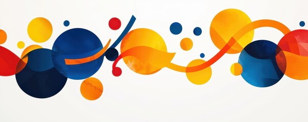 Poster - Colorful abstract circles and waves in blue, orange, red, and yellow on a white background.