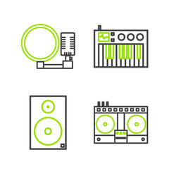 Poster - Set line DJ remote for playing and mixing music, Stereo speaker, Music synthesizer and Microphone icon. Vector