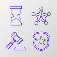Poster - Set line Police badge, Judge gavel, Hexagram sheriff and Old hourglass icon. Vector