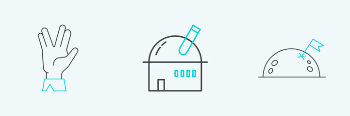 Poster - Set line Planet with flag, Vulcan salute and Astronomical observatory icon. Vector