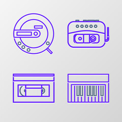 Poster - Set line Music synthesizer, VHS video cassette tape, player and CD icon. Vector