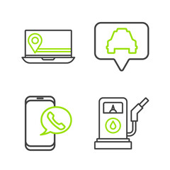 Poster - Set line Petrol or Gas station, Taxi call telephone service, Map pointer with taxi and Laptop location marker icon. Vector