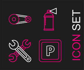 Aufkleber - Set line Parking, Wrench, Paint spray can and Timing belt kit icon. Vector