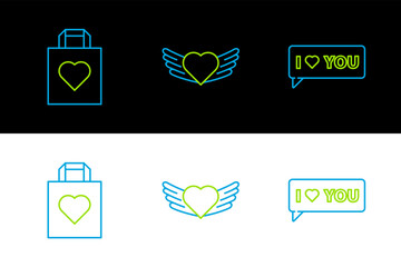 Poster - Set line Speech bubble with I love you, Shopping bag heart and Heart wings icon. Vector