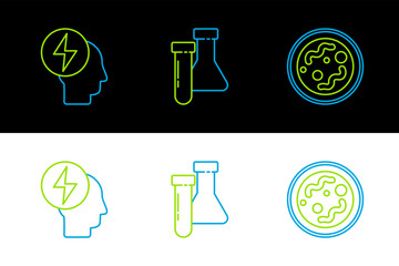 Poster - Set line Bacteria, Head and electric symbol and Test tube flask chemical icon. Vector