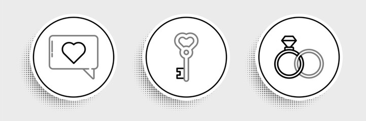 Poster - Set line Wedding rings, Like and heart and Key shape icon. Vector