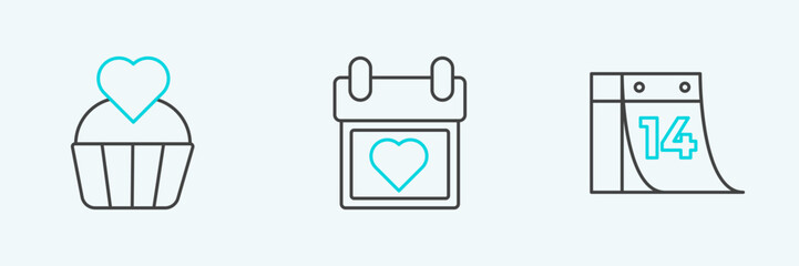 Poster - Set line Calendar with February 14, Wedding cake heart and icon. Vector