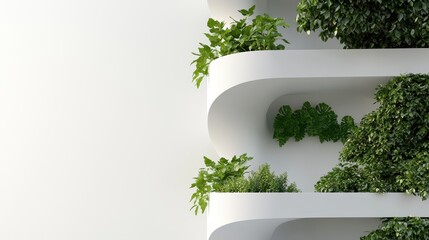 Poster - Modern white balconies with lush green plants create a fresh, minimalist architectural design against a plain background.