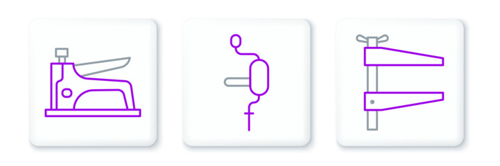 Poster - Set line Clamp tool, Construction stapler and Hand drill icon. Vector