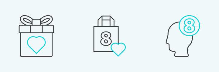 Poster - Set line 8 March in human head, Gift box and heart and Shopping bag with icon. Vector